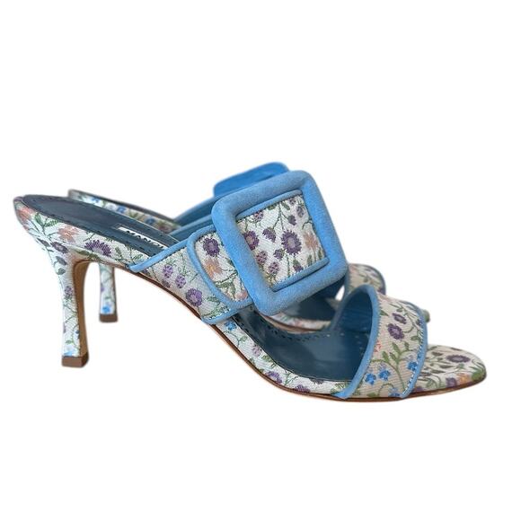 Manolo Blahnik Floral Blue Gable Buckle High Heel Sandal Mule 37 - Picture 11 of 11